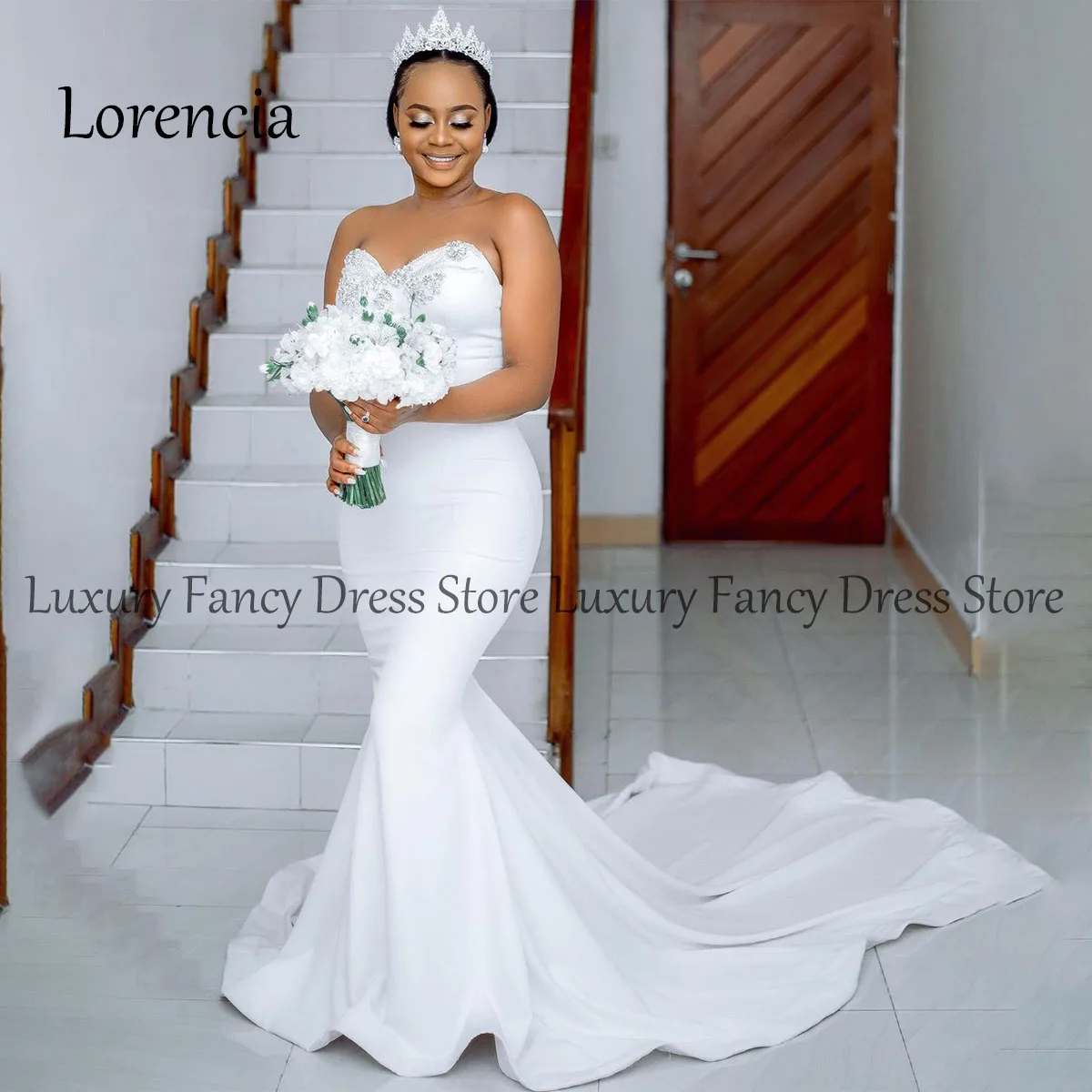 Customized Long Mermaid Wedding Dresses For Black Girl Diamond Sleeveless Bridal Gowns Formal Sweep Train robe de mariée