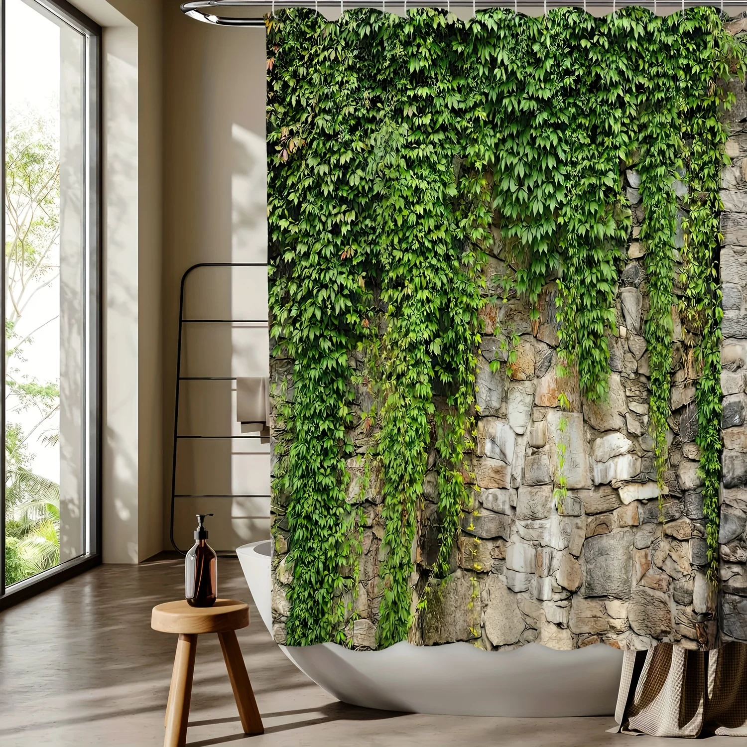 Tirai Mandi Tahan Air Dinding Batu dengan Ivy untuk Dekorasi Kamar Mandi, Desain Terinspirasi Alam, Warna Cerah, Gaya Unik