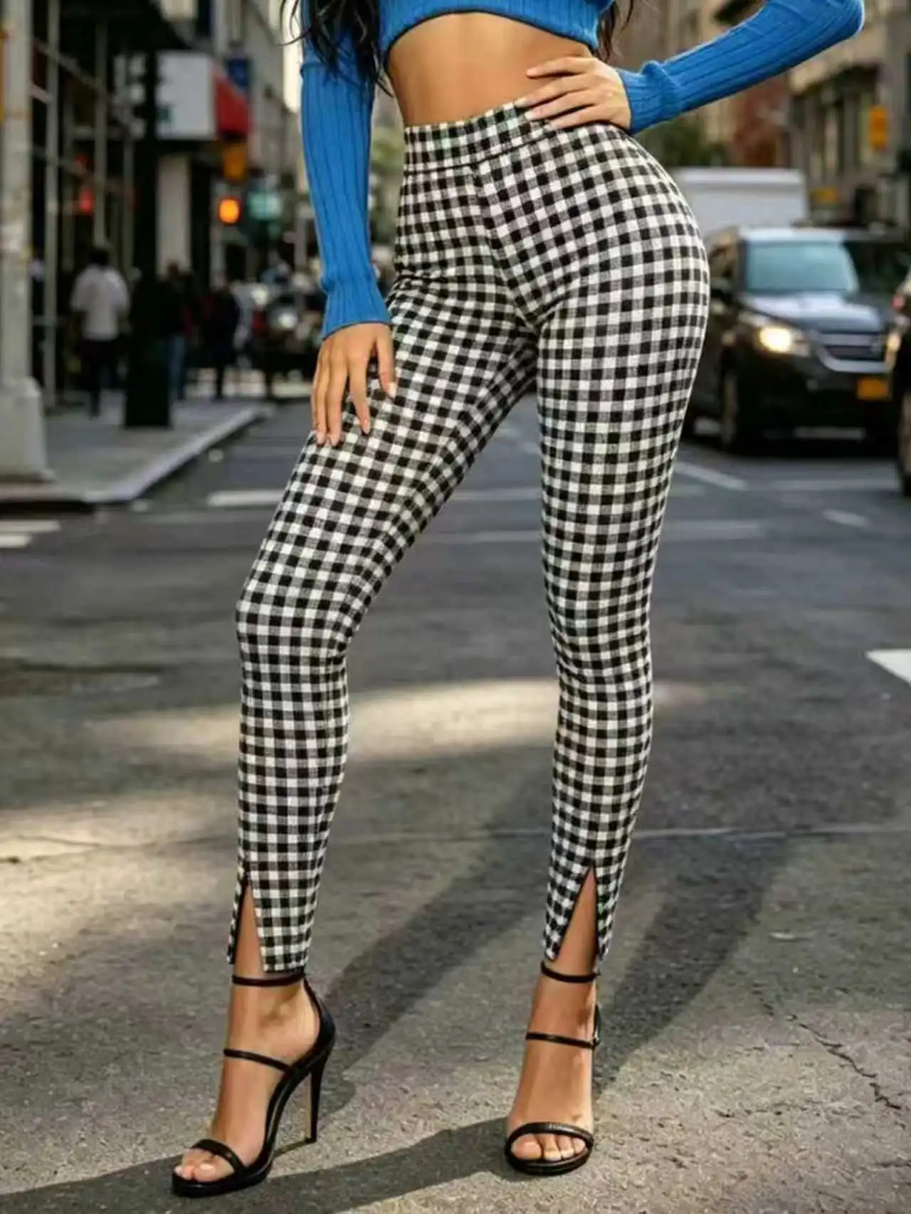Casual Versatile Black And White Checkered Slim-fitting Base Pants Stylish And Elegant With Slit At The Bottom Base Pants