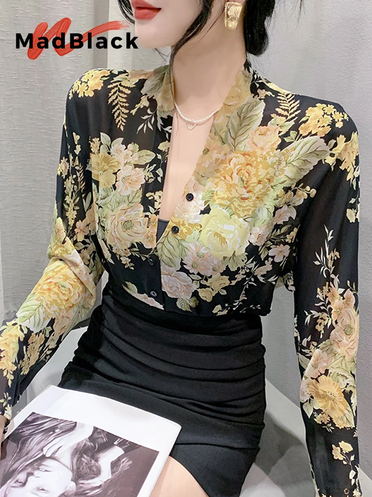 MadBlack Summer European Clothes Chiffon Shirts Women Sexy V Necks Flower Printed Long Sleeved Thin Tops Basic Blouses T36705JC