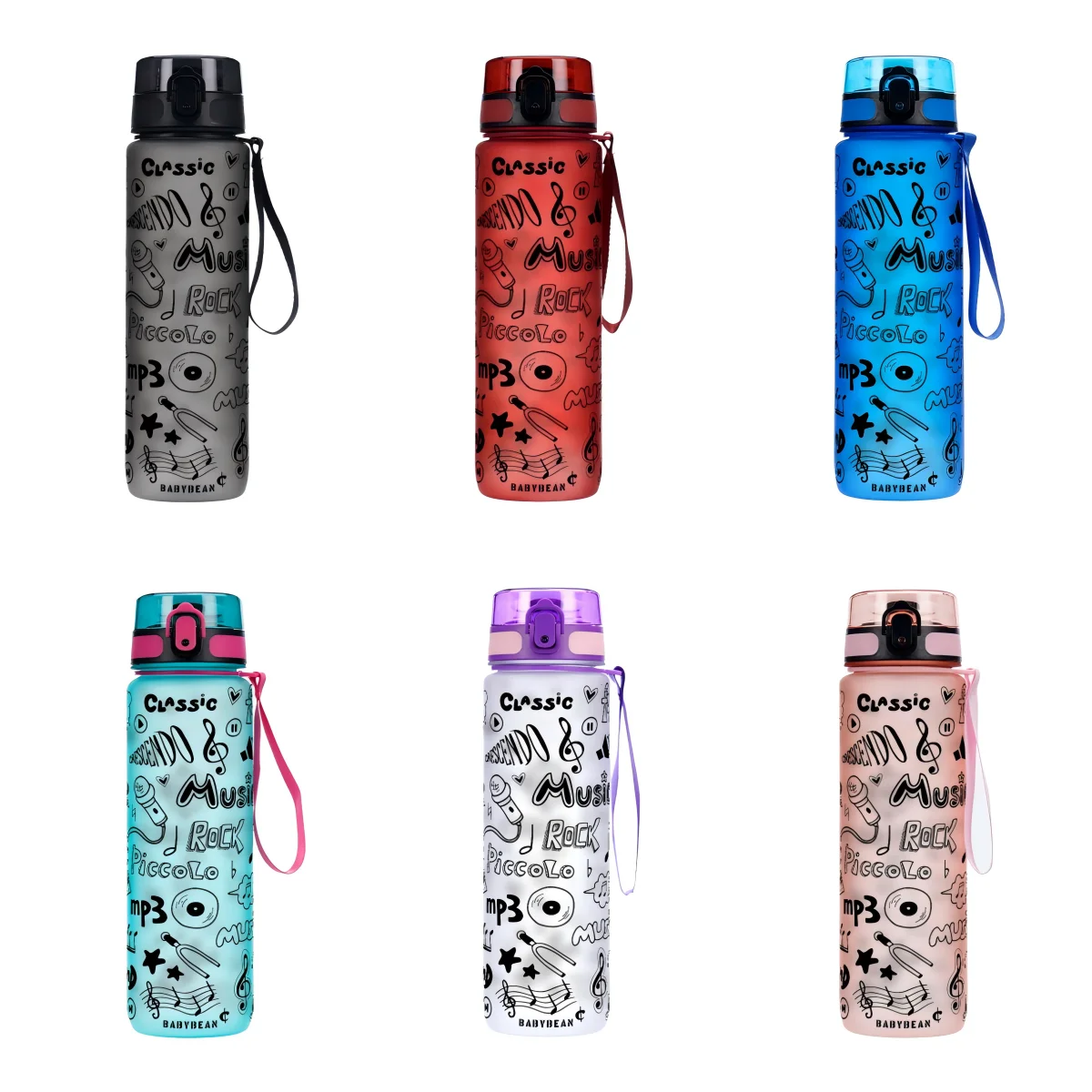 Music Graffiti Print Sports Water Bottle Gradient Frosted Cup Leakproof Pop Up Lid Portable Hand Strap Outdoor Gym Travel Drinki