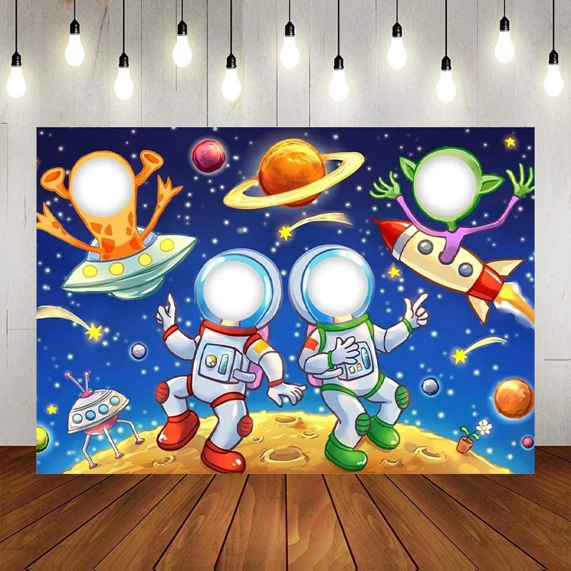 Cartoon Outer Space Backdrop Astronaut Alien Face Cutout Banner Rocket Spaceship Photography Background Birthday Decoration