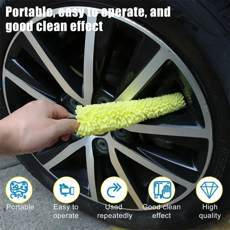 1-4Pcs Portable Car Wheel Brush Yellow Sponge Scratch Free Auto Wheel Tire Rim Scrub Brushes Cleaning with Handle Washing Tool