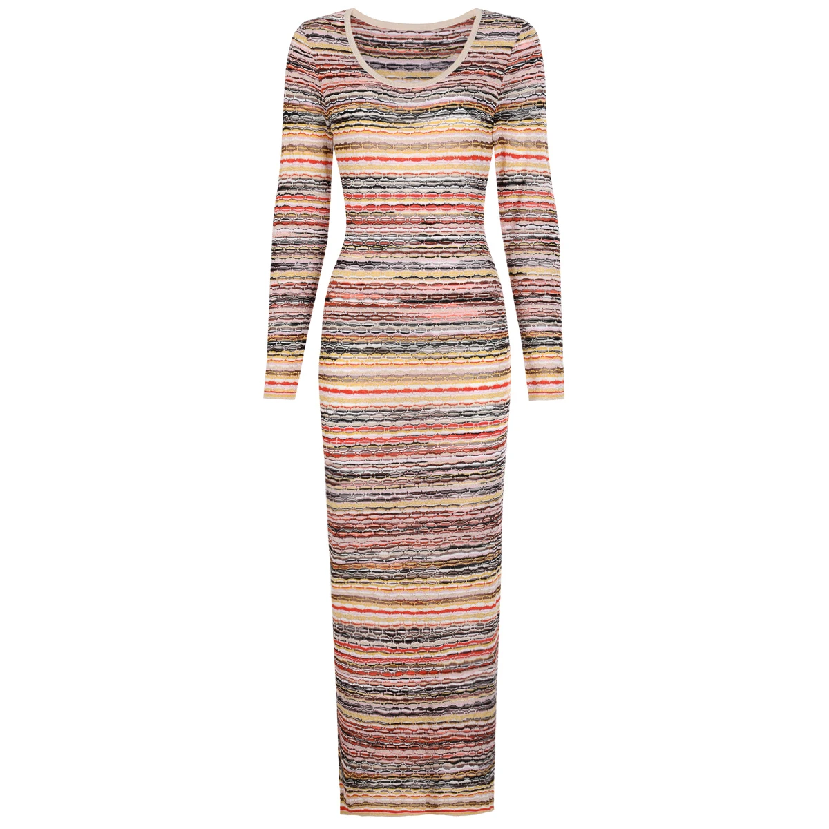 

Двухцветное высококачественное новое модное полосатое женское платье с длинными рукавами и круглым вырезом, облегающее длинное эластичное трикотажное платье