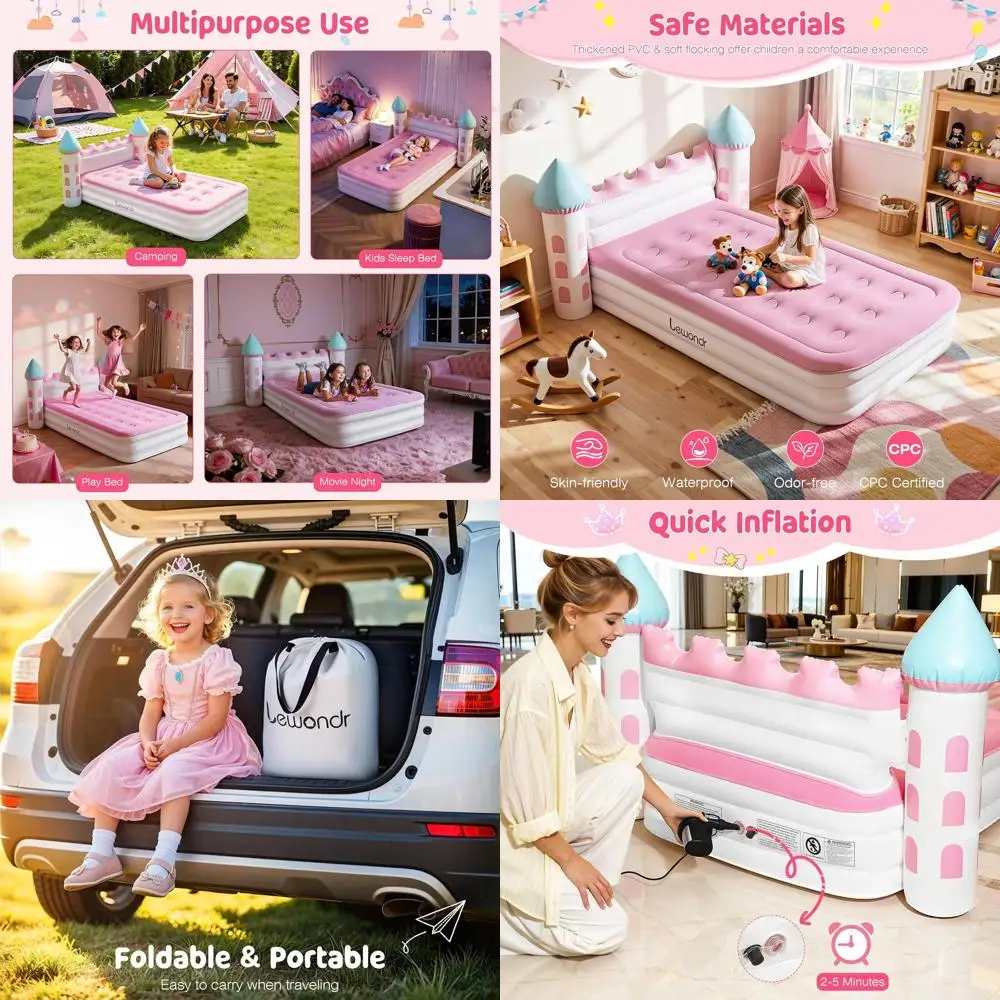 

Portable Pink Castle Inflatable Bed with Air Pump for Toddlers - Ideal for Home, Camping, and Sleepovers
