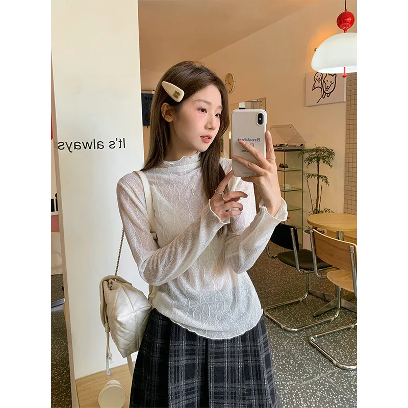 

New Style Half-high Collar Lace Mesh Base Shirt for Women, Perfect for Spring and Autumn, Can Be Layered with Other Tops