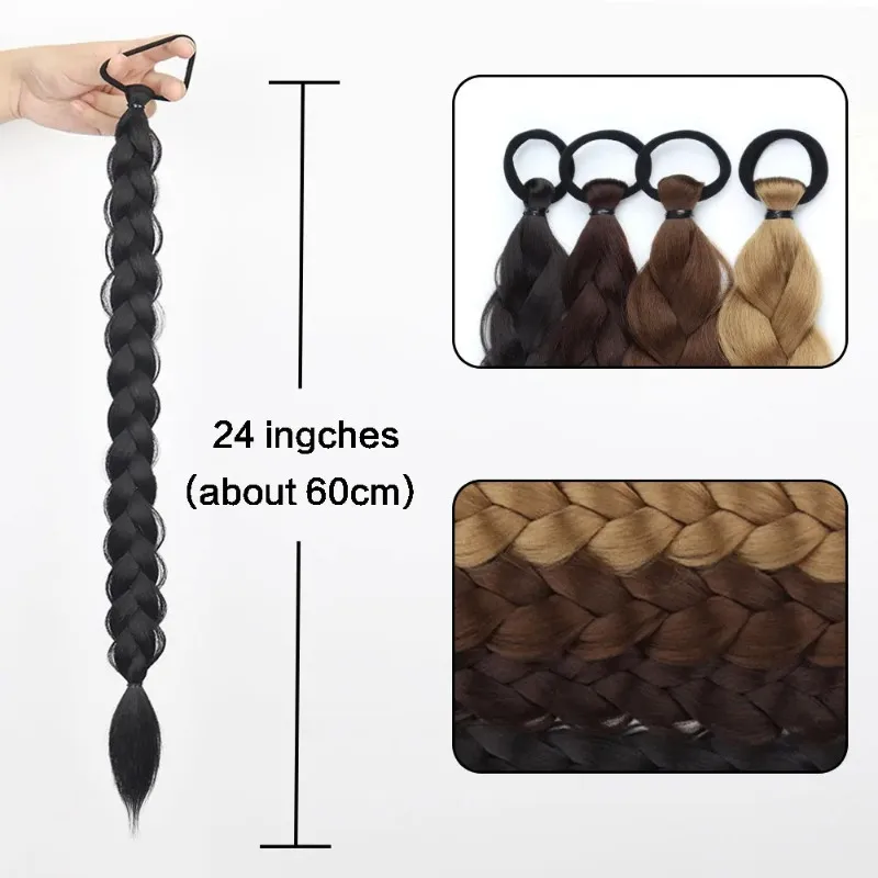 Synthetic Long Braided Ponytail With Rubber Band Boxing Braids For Women Hair Accessories 24Inch Black Braids Daily Use