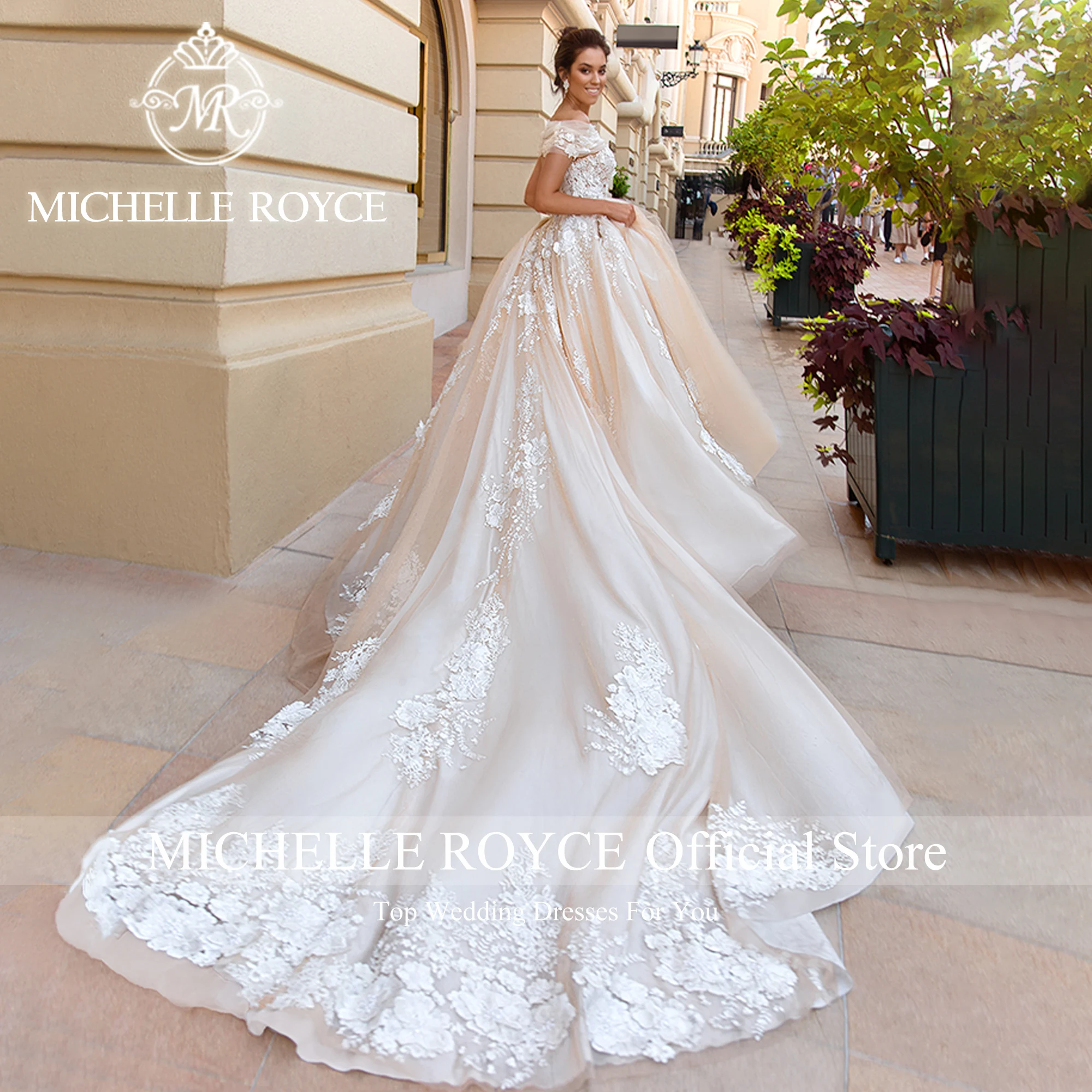 ميشيل رويس فساتين زفاف على شكل كرة للنساء مثير tSweetheart التطريز الشمبانيا الدانتيل يصل ثوب زفاف Vestidos De Novia