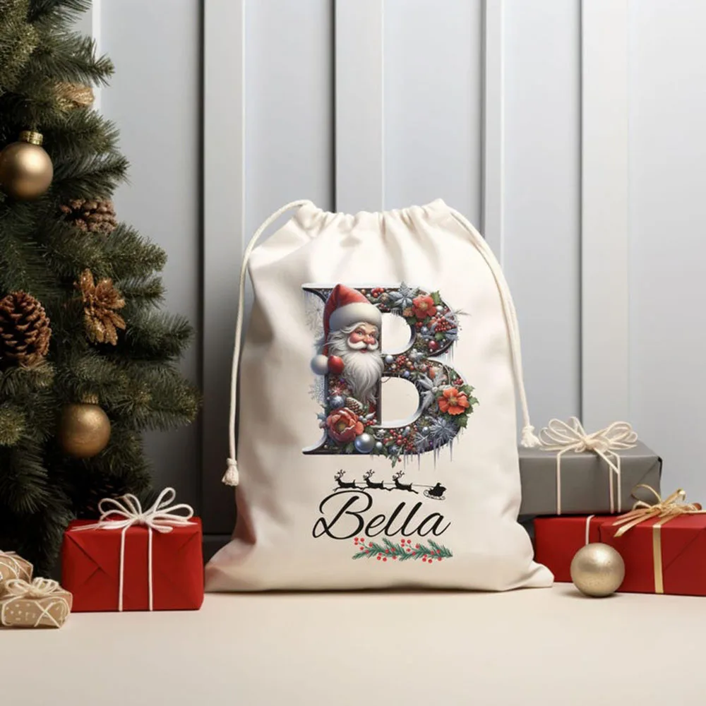 شخصية عيد الميلاد سانتا كيس اسم مخصص الأولي هدية عيد الميلاد حقيبة الحلوى كيس التخزين للأطفال عطلة الطرف الديكور