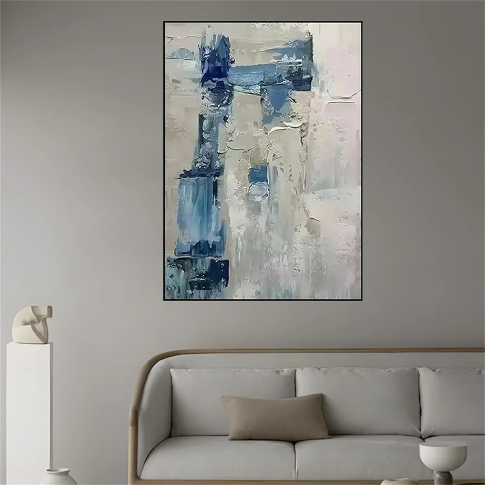 

High Quality Thick Knife Blue And Off-White Texture Abstract Canvas Oil Painting 100% Hand-Painted Landscape Wall Art Decor Home