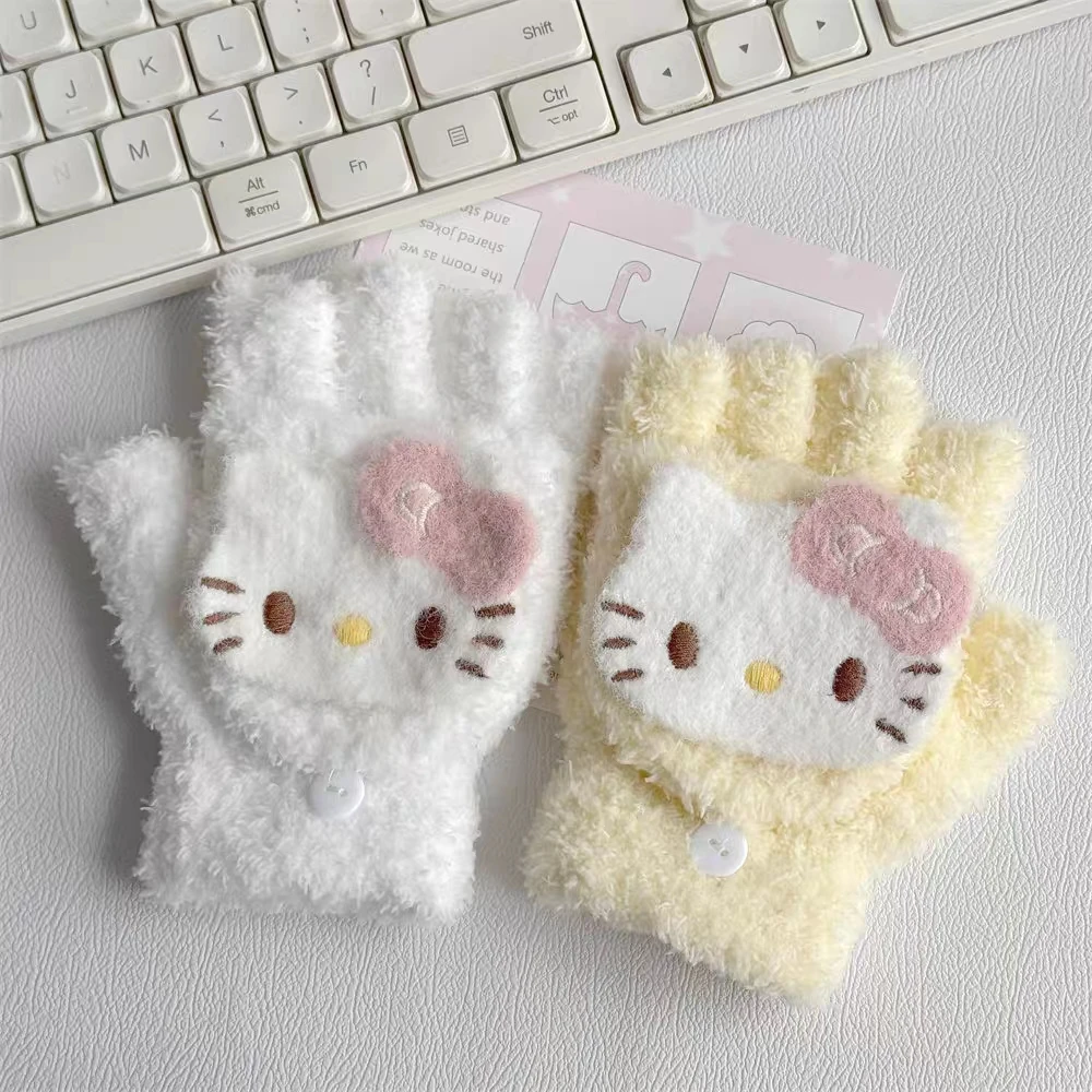 

Winter New Hello Kitty Flip-up Coral Fleece Glove for Girls Cute Sweet Children Warm Gloves Solid Color Half-finger Gloves