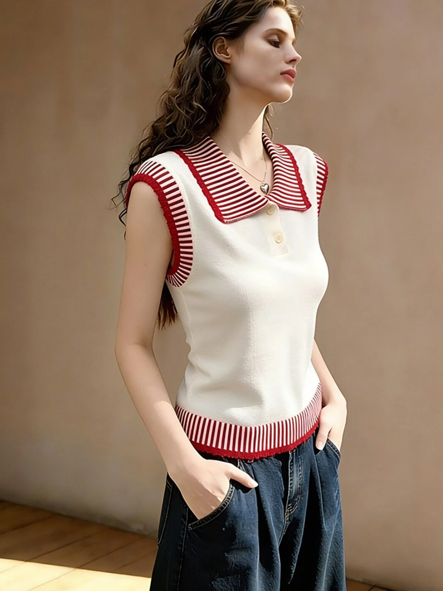 

Color Block Striped Knitted Vest Unique Beautiful Ageless Sleeveless Top Spring Summer Versatile Elegant Style round Neck