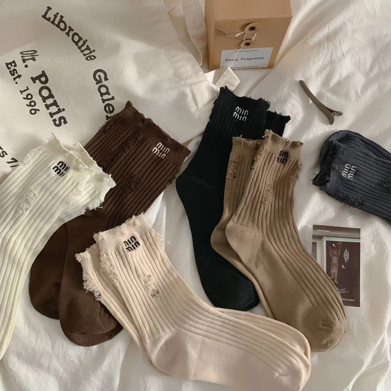 2 Pair Fashion Socks For Women Harajuku Street Broken Hole Beggar Medium Tube Pile Socks Hip-Hop Skateboard Cotton Socks Female