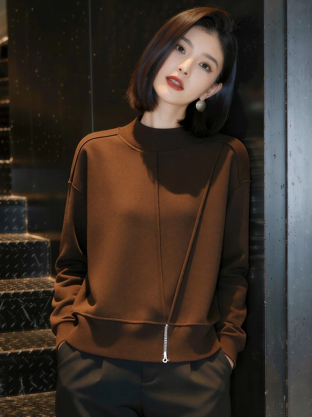 

Spring 2026 Coffee Color Commuter Sle Zipper Design High-End Casual Sweatirt Women's Faion Top Stand Fit Long Sve