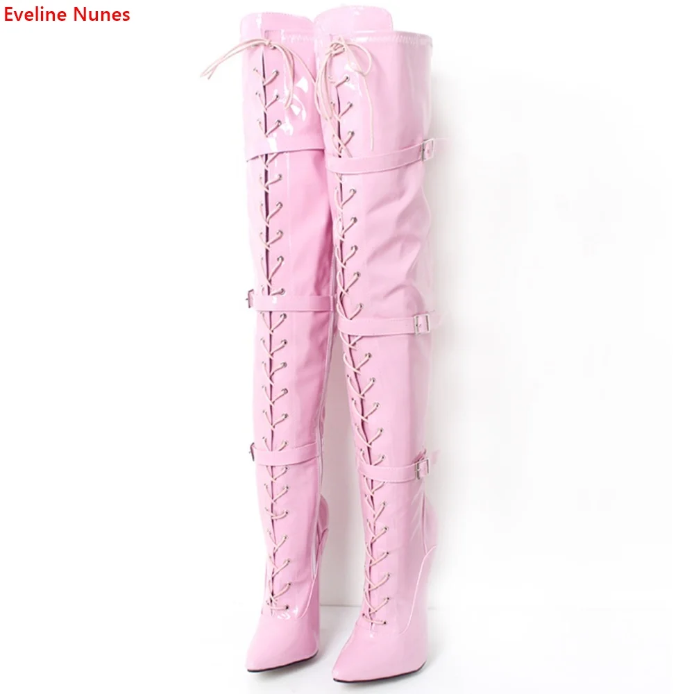 Pink Stiletto Over The Knee Boots New Arrival Women's Pointed Toe 18 Cm Cross Straps Sexy High-quality Street Fashion Shoes