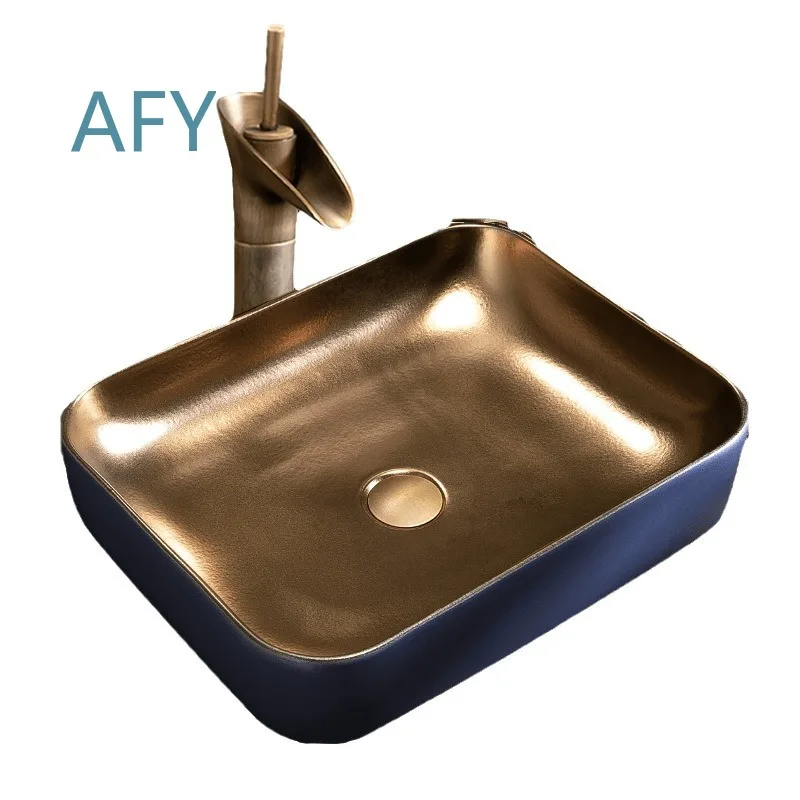 Advanced Metal Glazed European Countertop Basin for Bathroom Renovation Square Ceramic Washbasin Oval Artistic Sink Modern