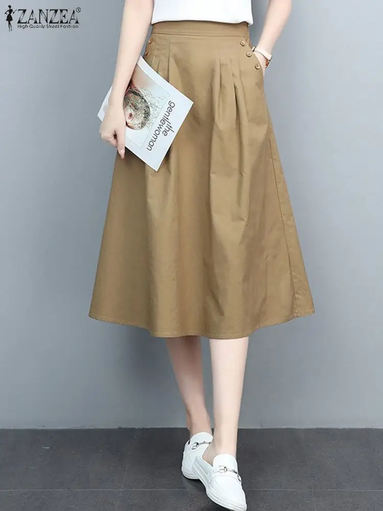 Women High Waist A Line Midi Skirts ZANZEA Office Lady Sundress 2024 Summer Dress Buttons Faldas Fashion Solid OL Work Skirt