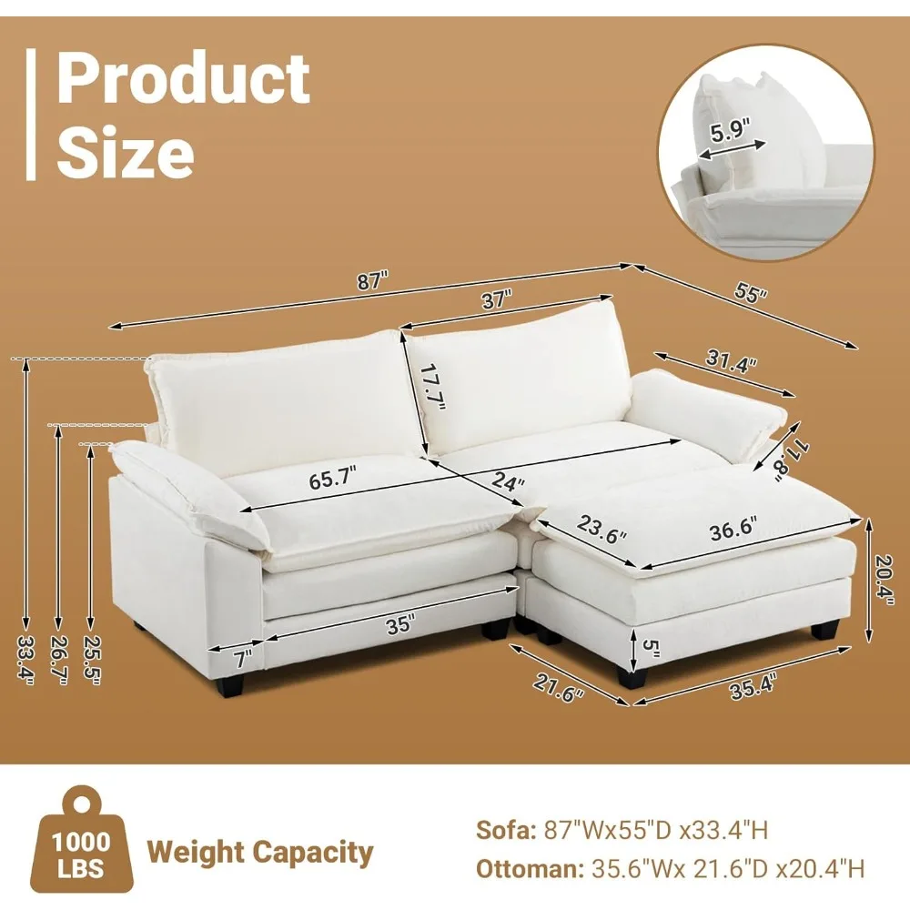 أريكة VINGLI 87 قابلة للتحويل، أريكة ذات مقعد عميق على شكل حرف L لغرفة المعيشة، أريكة حديثة بمقعدين مع مسند لـ