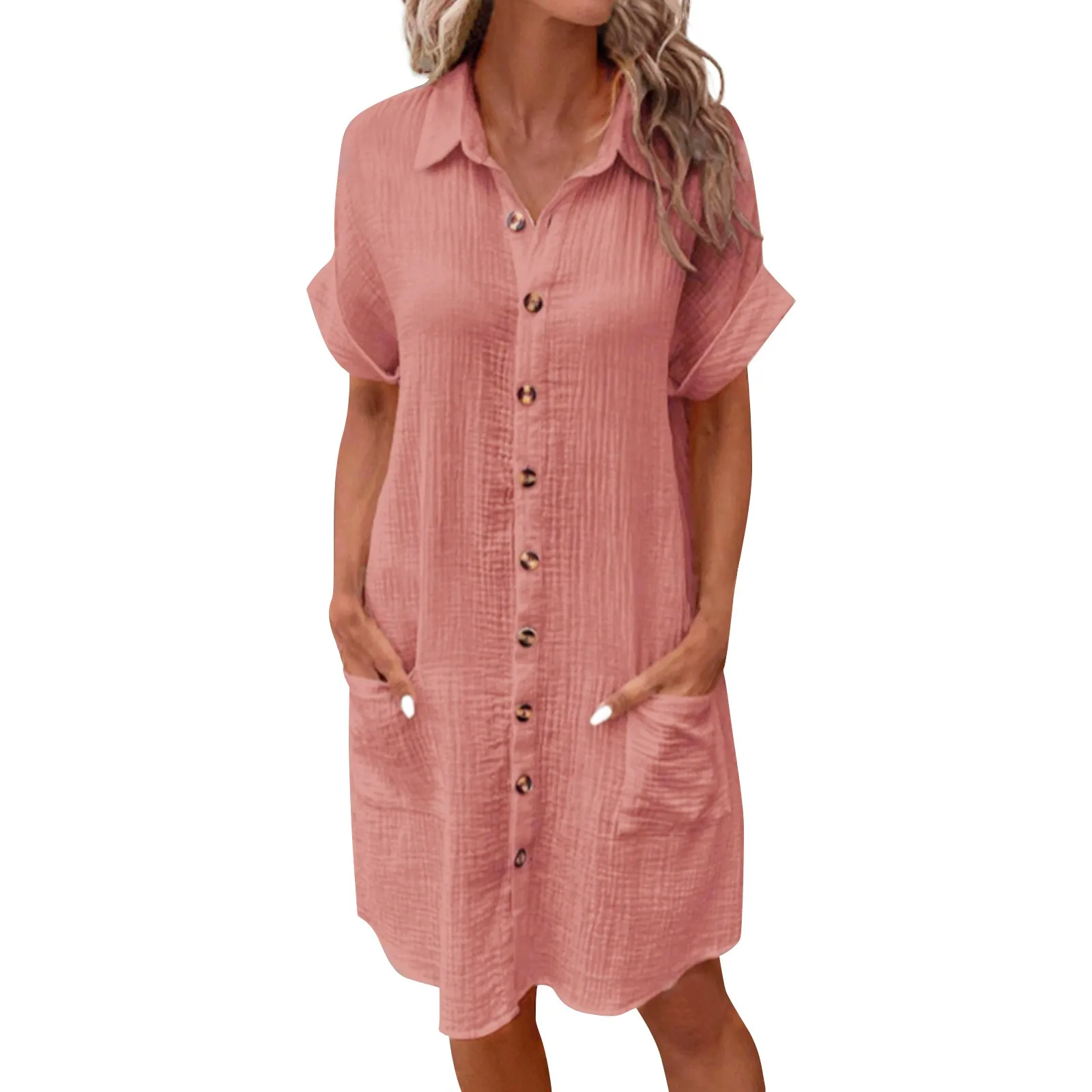 New Women\'S Fashion Casual Solid Color Buttoned Mid-Length Short Sleeve Loose Dress летние Nuevo En Vestidos Verano Moda