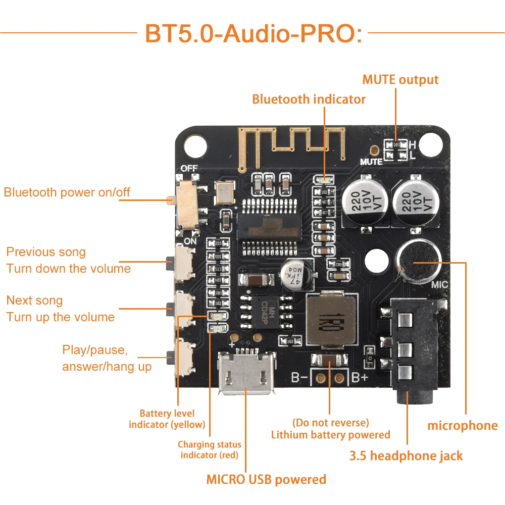 3.7-5V Mini Bluetooth Stereo Audio Receiver Board Module With Mic for arduino MP3 Player Bluetooth Lossless Decoder Board Type-C