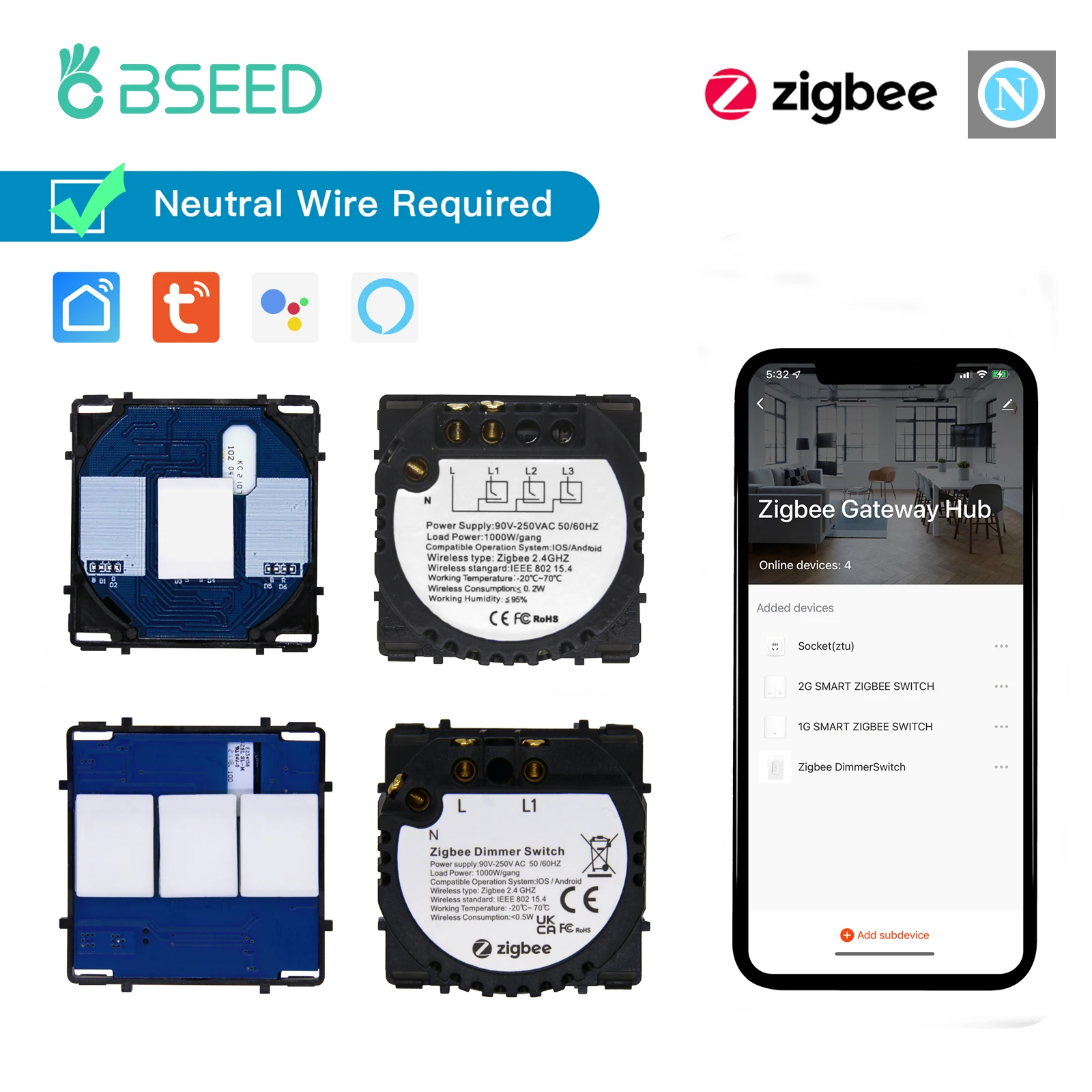 

BSEED Zigbee Switch 1/2/3Gang Smart Dimmer Curtain Switch DIY Function Part Tuya Google Home App Wireless Control With Neutral