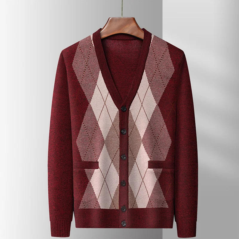 Autumn and Winter Knitted Men Wool Cardigan Middle-aged Thickened Business Dad Outfit Casual Plaid Long-sleeved Jacket