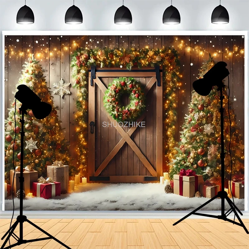 

Christmas Day Wreath Photography Backdrop Snow Candies Living Room Family Party New Year Holidays Background KE-04