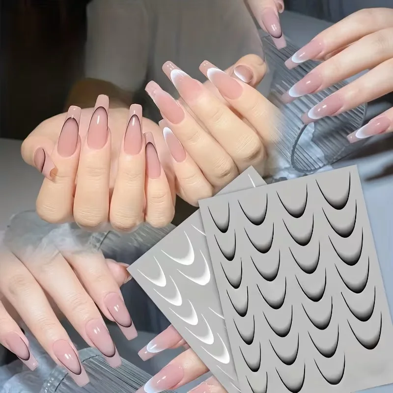 Self-Adhesive Gradient French Nail Stickers-3D Smile Line&Crescent Design, Glossy Finish Nail Art Decals for Home & Salon Use
