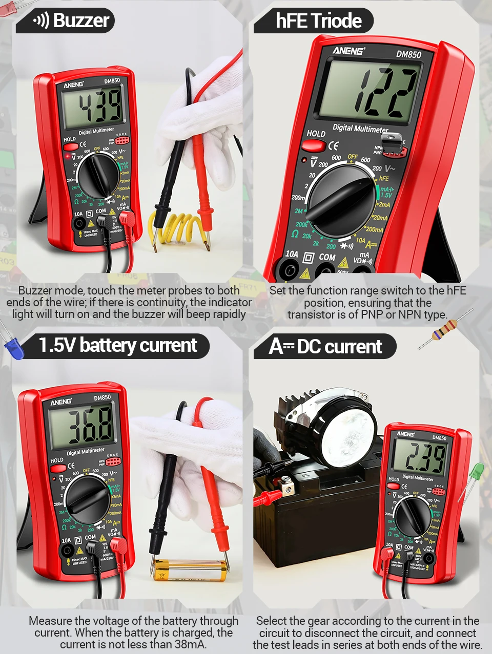 ANENG DM850 Digitalmultimeter mit 1999 Messwerten, Gratis Geschenk BT173 Batterietester, AC/DC-Spannung, Strom, Widerstand, Diodentest, tragbar – Detail 11