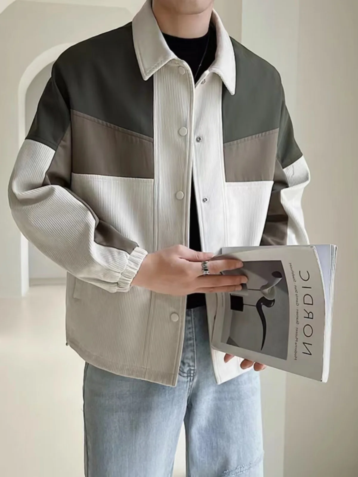 Spring Autumn New Style Korean Version Fashion Color Block Corduroy Jacket Men Loose Collar Casual Autumn Top Splicing Jacket