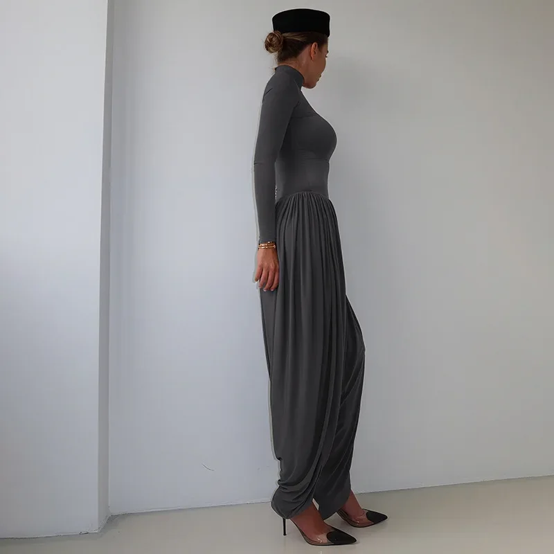 

Женские сексуальные плиссированные лоскутные комбинезоны с драпировкой и разрезом, водолазка с длинным рукавом, повседневная уличная одежда, комбинезоны, модные комбинезоны, наряды