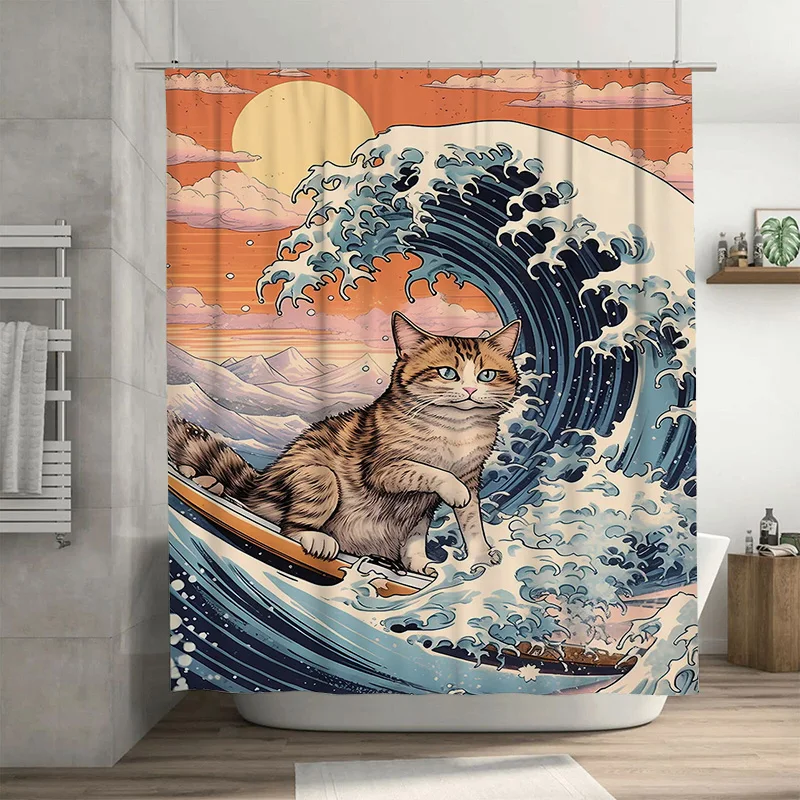 

Океанская волна, кошка, доска для серфинга, занавеска для душа, приливная полосатая котяска, домашний декор для ванной комнаты, ткань, настраиваемый домашний декор, художественный средний
