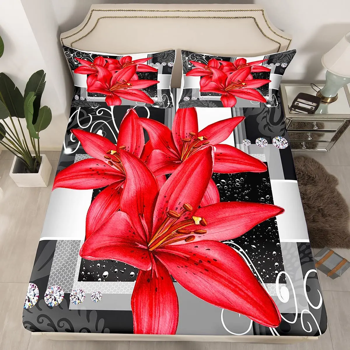 Blooming Lily Flowers Duvet Covers Set Full Size Soft Comforter Bedding Set for Kids Women Men, 1 Duvet Cover and 2 Pillowcase