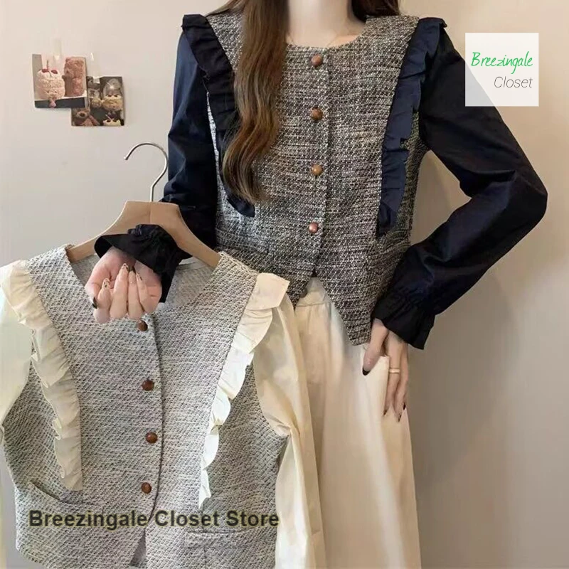 

Французская блузка с длинными рукавами и круглым вырезом с небольшим ароматом, новые возрастные праздничные два повседневных топа для женщин весной и осенью.