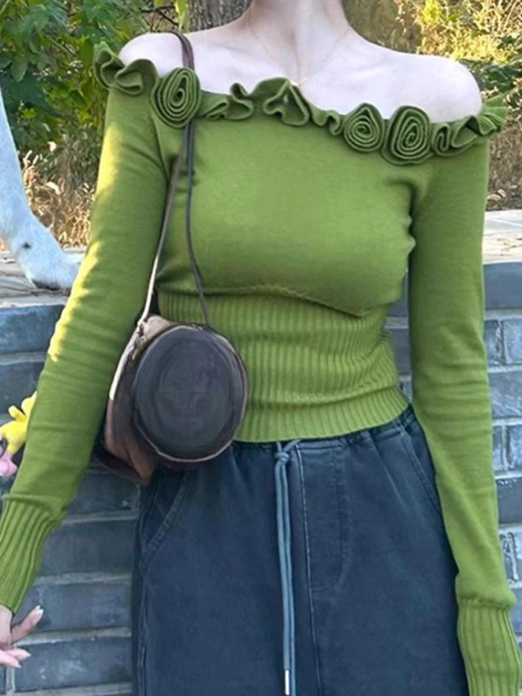 

Милые женские свитера с открытыми плечами, осенние приталенные винтажные пуловеры с 3d цветами Y2k, эстетические вязаные укороченные джемперы Fairy, модные