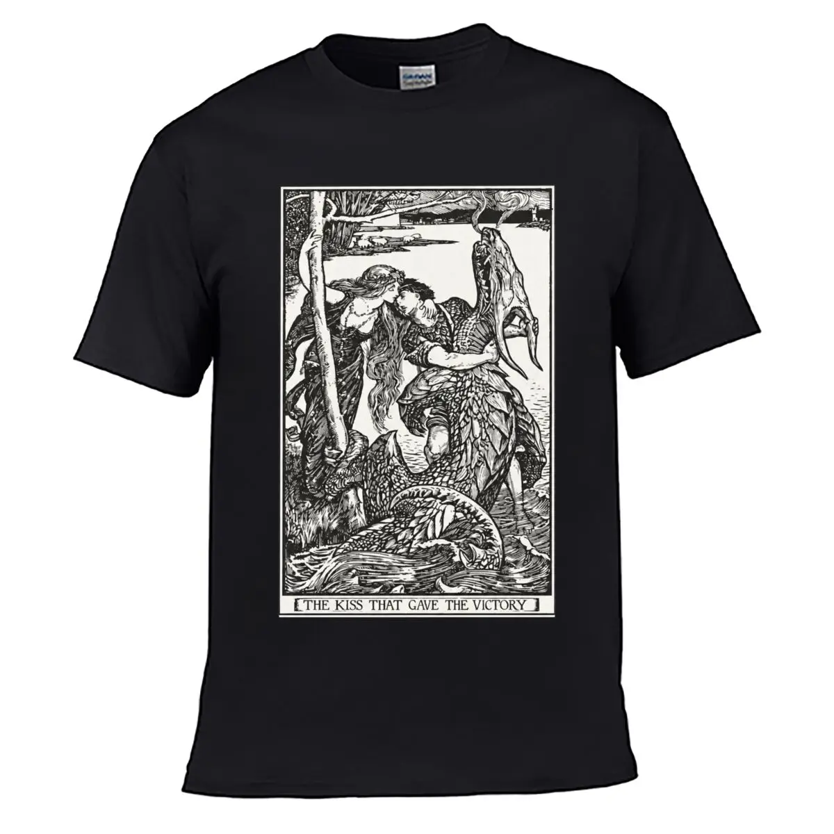 The Kiss That Gave The Victory Fairy Tale Dragon Illustration Men Summer Washed Tee Loose Distressed Top