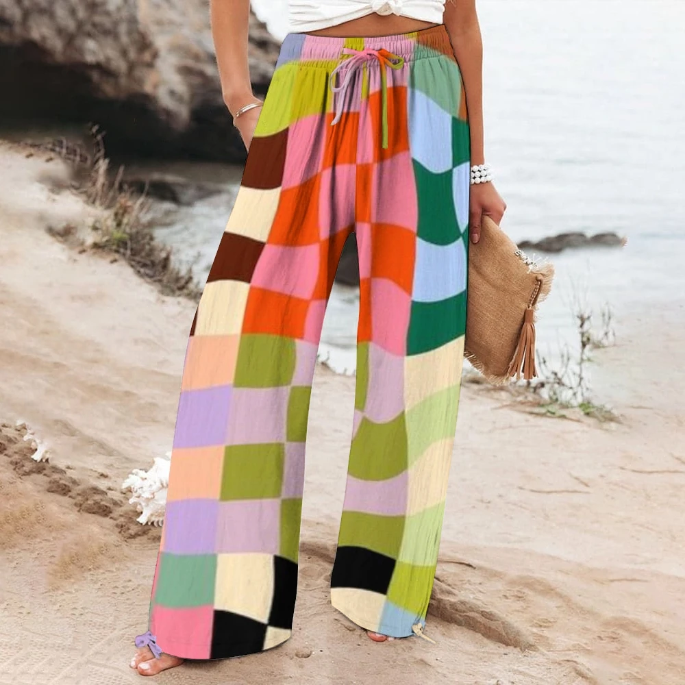 Women's Cotton And Linen Wide Leg Casual Pants Color blocks Summer Elastic High Waist Cropped Trousers Bohemian Straight Pants