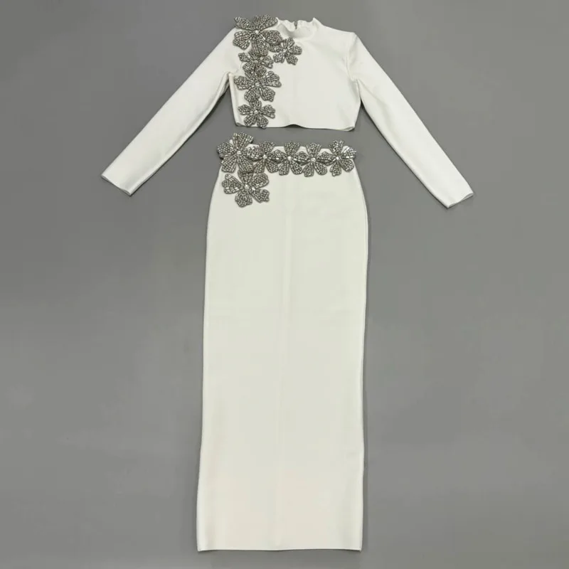 YFPF Elegant Solid Women 2 Piece Set Diamond Spliced Design Short Tops High Waist Long Skirt Luxury Evening Party Clothing