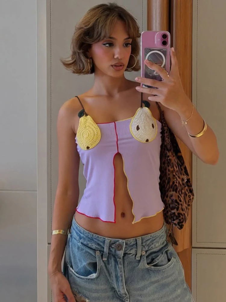 

Weird Puss Knit Y2K Camisole Women Pear Print Patchwork Split Low-Neck Skinny Street Summer Sexy Cute Simple Classic Mini Tops