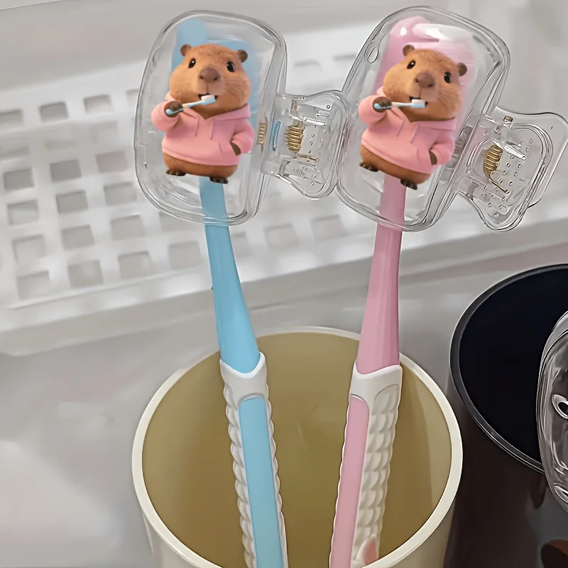 2pcs Pink Capybara Brushing Teeth Portable Toothbrush Box Ideal for Home and Travel Use Clean And Dry convenient for daily use