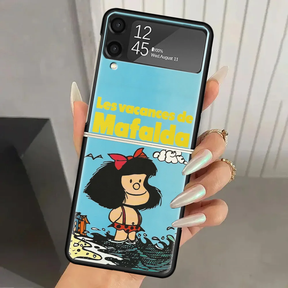 Mafalda Cartoon Hard PC Phone Case For Samsung Galaxy Z Flip 6 5 4 3 Black Cover ZFlip6 Flip5 Flip4 5G Foldable Print Cases