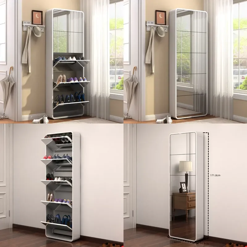 For Ultra Thin Elbow Shoe Cabinet with Full Body Mirror Tipping Bucket Storage Rack for Entrance Foyer Hallway Space Saving