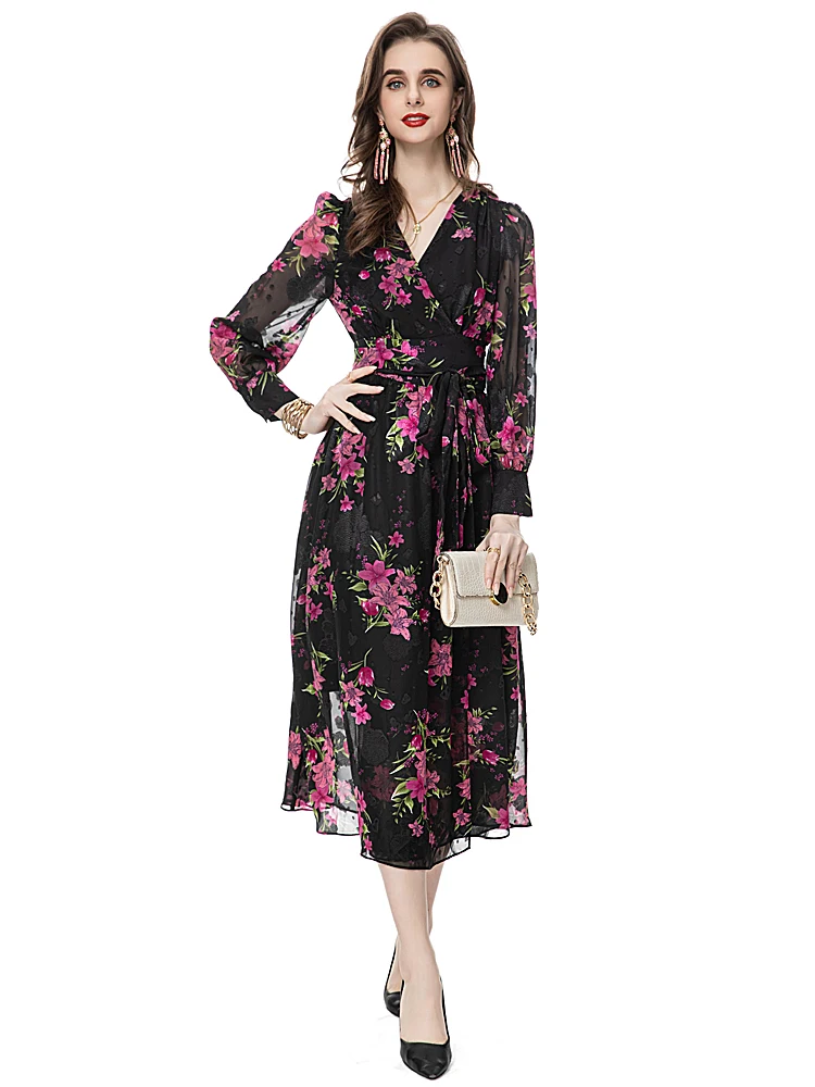 

Ladies Runway Spring High Quality Fashion Party Black Printed Lantern Sleeve Sexy V Neck Casual Extravagant Pretty Long Dress