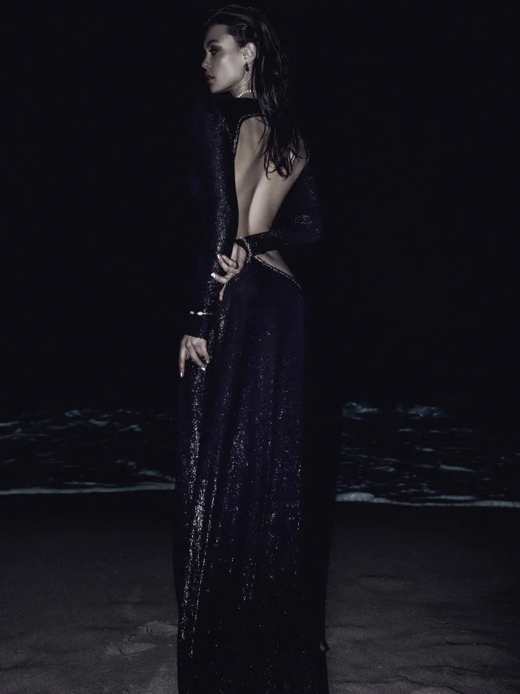 VC Fashion Sexy Black Backless Long Sleeves Maxi Dress with Sequins & Cut Out Details for Party Prom Evening Gown