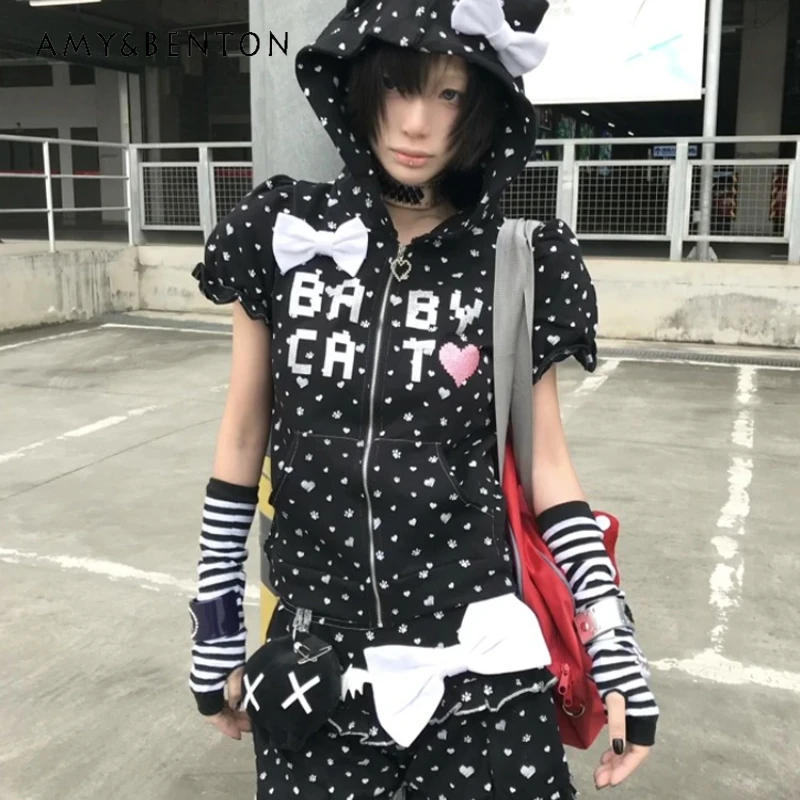 

Оригинальный дизайн, черная субкультура, утягивающая женская футболка с коротким рукавом, новый летний кардиган с пышными рукавами, популярное женское пальто Y2K для девочек