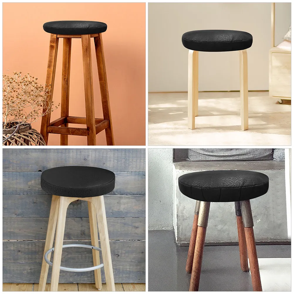 Round Stool Covers 33Cm Diameter Elastic Black PU Seat Slipcovers for Bar Stools Kitchen Islands Dining Commercial Use view 4