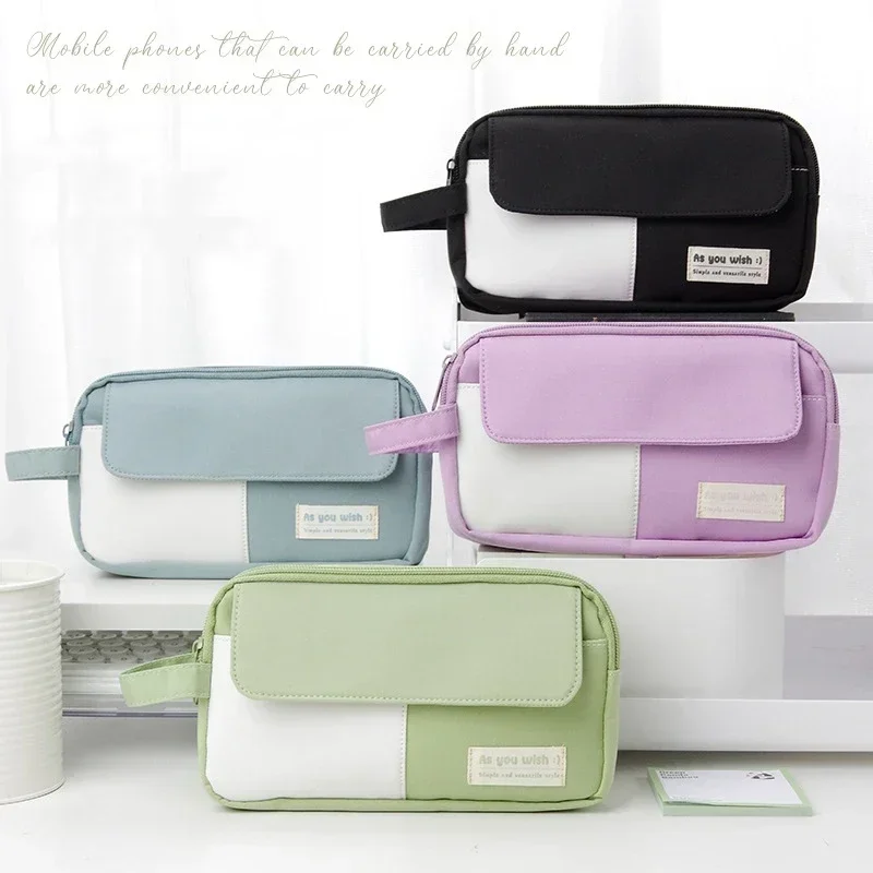 1 Piece Student Pencil Case for Boy Girl Simplicity Solid Color Series Pencil Bag Canvas High Capacity Staionery Storage Bag