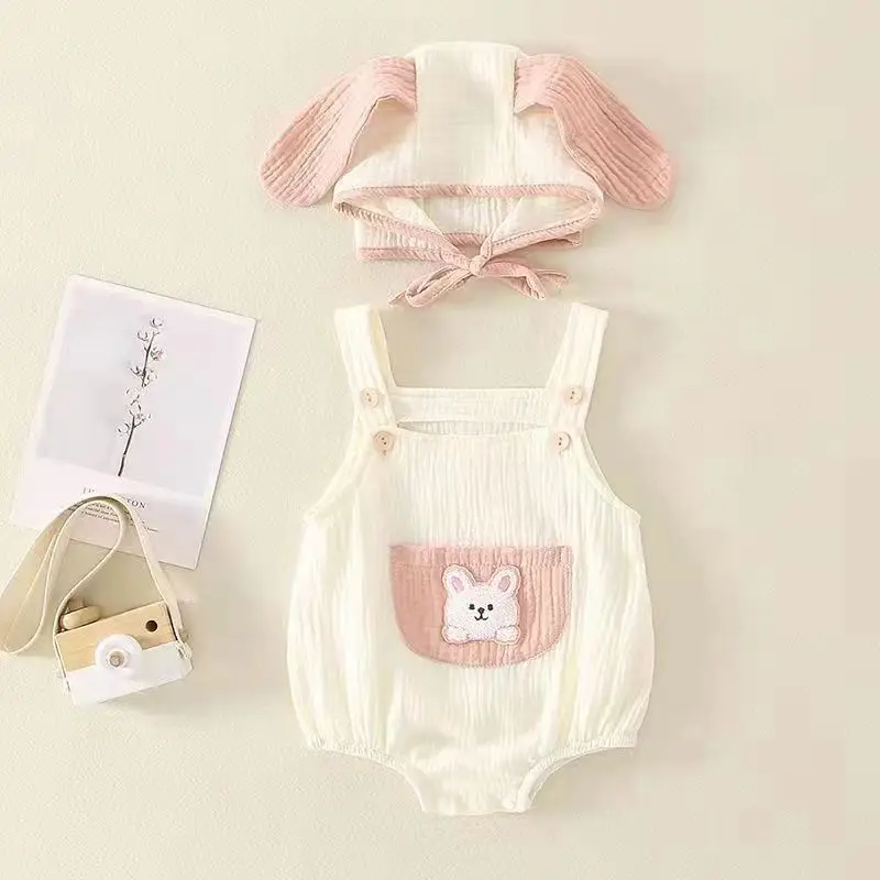 Summer Baby Romper Unisex Baby Bodysuit Cartoon Bear Prints Sleeveless Pocket Romper with Rabbit Hat Newborn Outfit