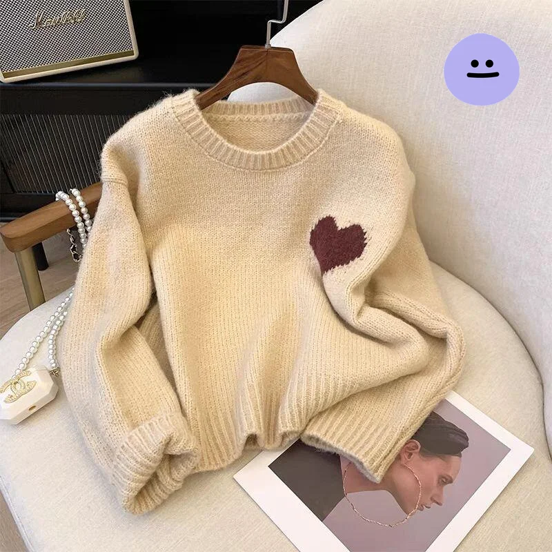 Pull en tricot pour femme, japonais, paresseux, rétro, cœur brodé, automne hiver, nouveau, doux, ample, rond