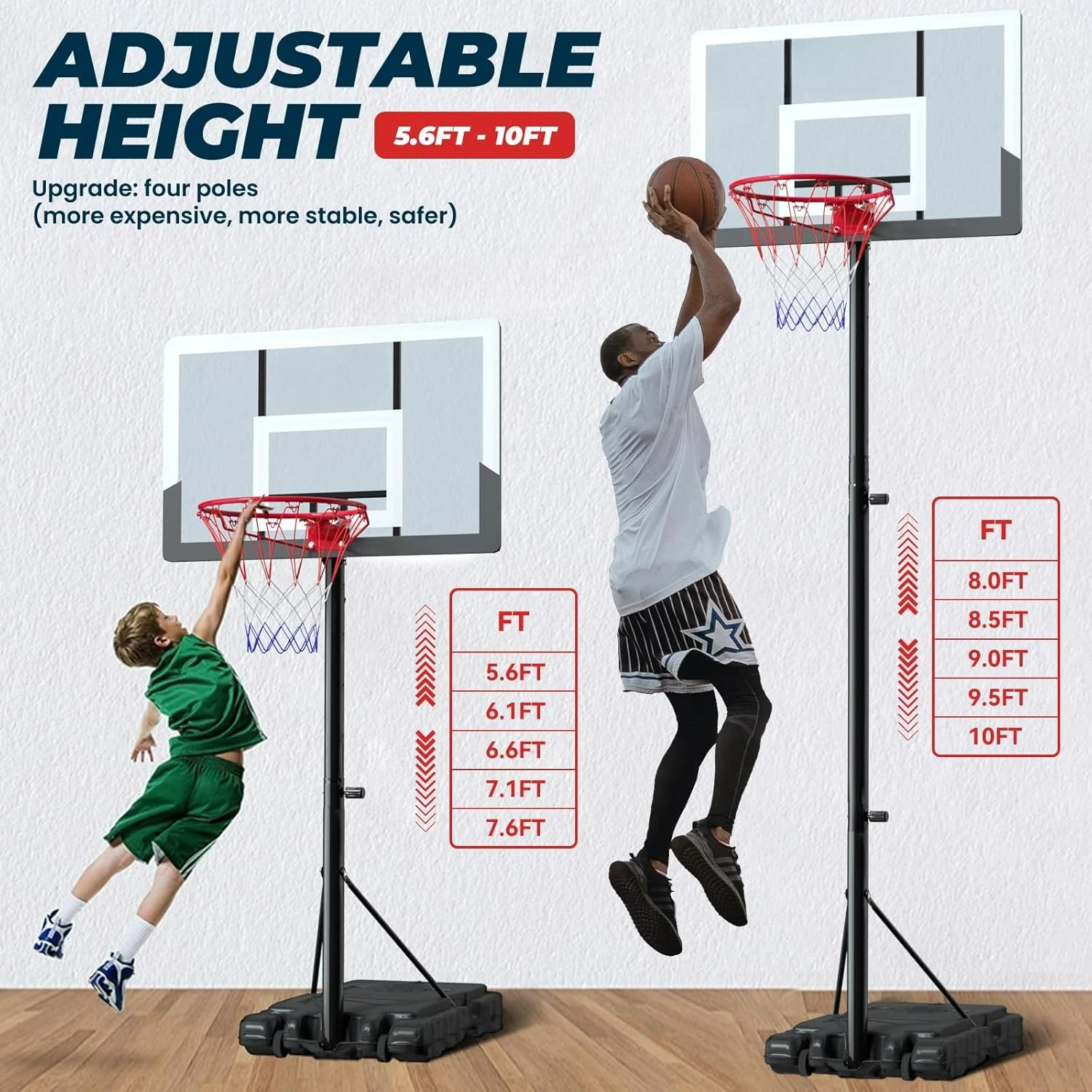 Portable Basketball Hoop, 5.6-10FT Adjustable Basketball Goal System, 44 Inch Outdoor Basketball Hoop & Goals